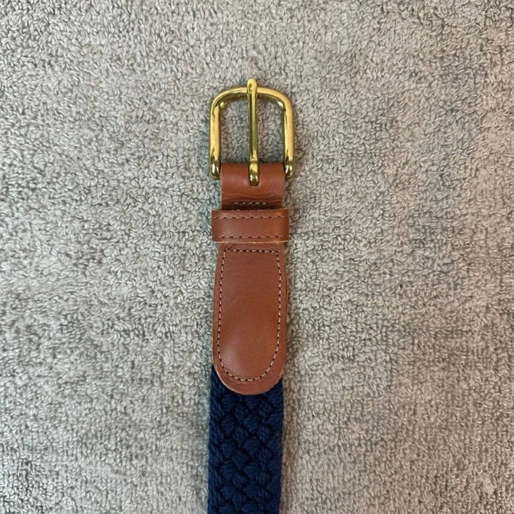 Preston New England Mens 36 Woven Surcingle Belt Navy Blue Brown Leather USA
